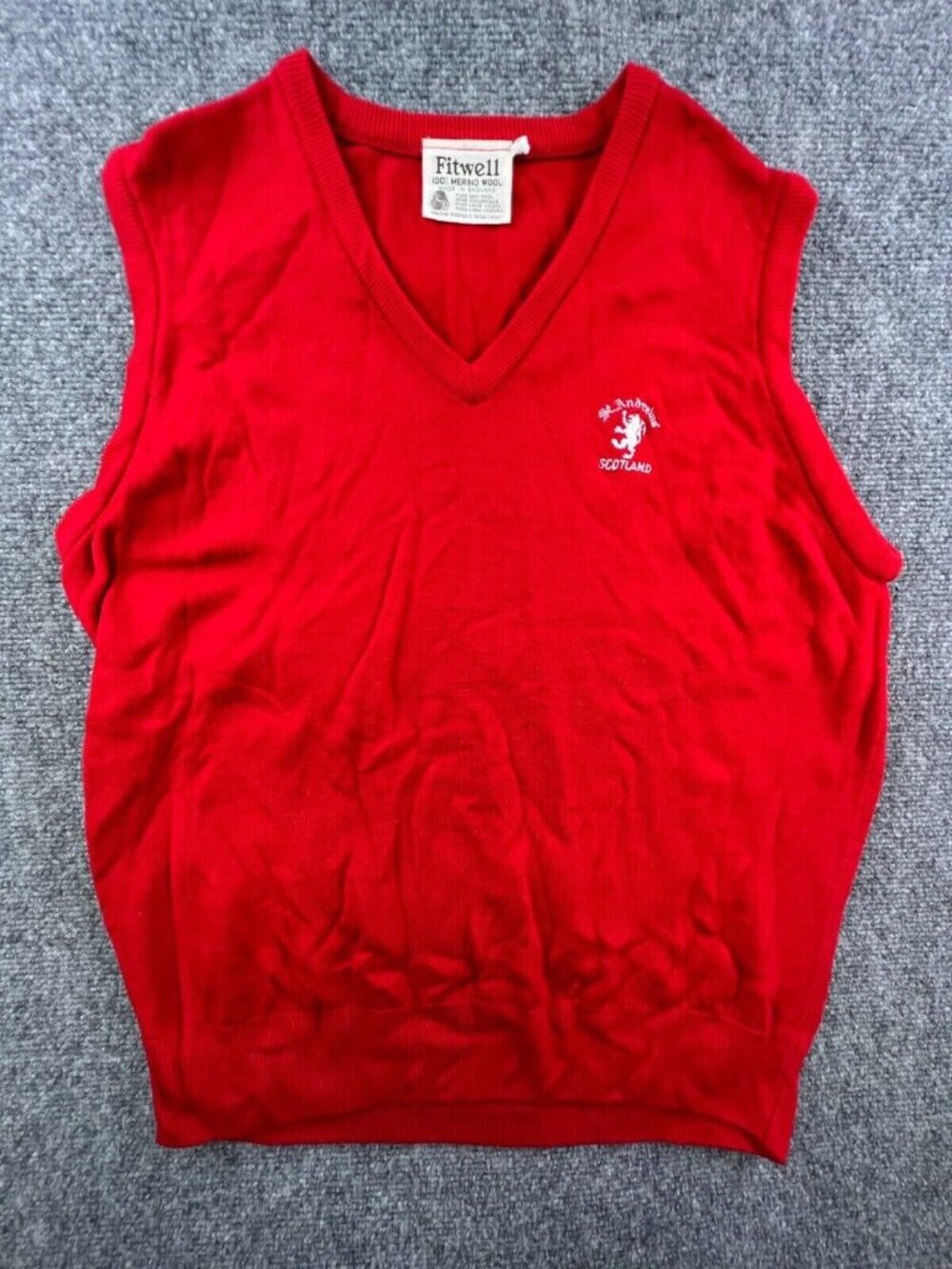 Fitwell Made In England St Andrew’s Scotland Red Merino Wool Vest RARE XL VTG